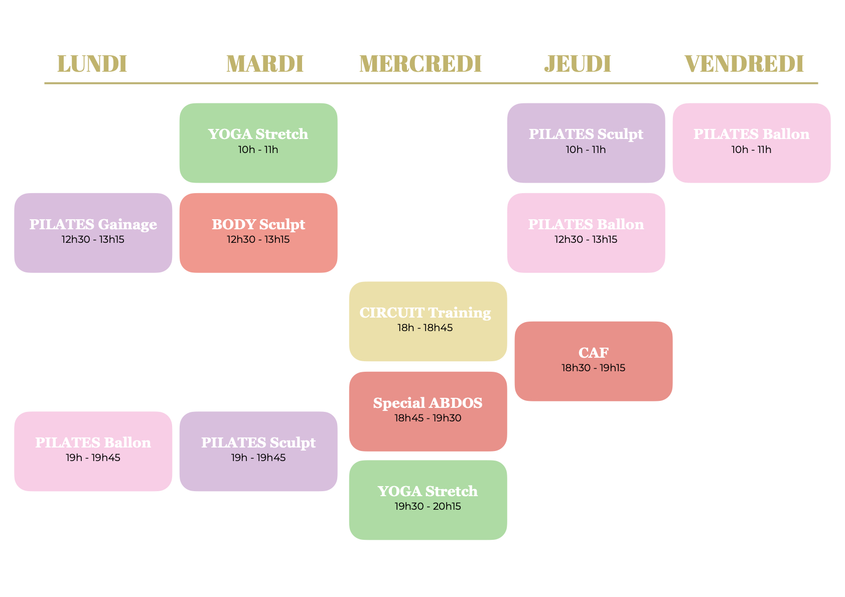 Planning hebdomadaire des cours collectifs du Studio Fit, du lundi au vendredi. Les horaires sont également proposés en texte ci-dessous.