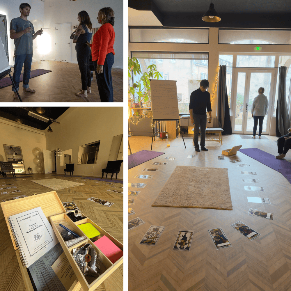 Atelier de constellations symboliques : participants, baguettes et cartes disposées au sol