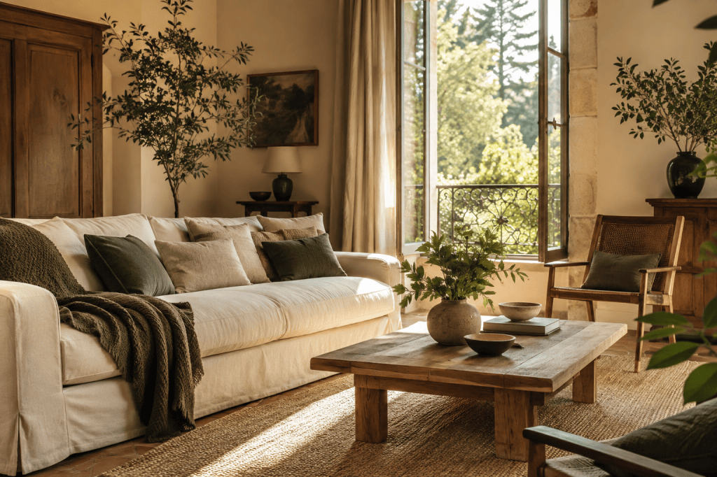 Intérieur d’une maison : salon lumineux et fenêtre ouverte sur le jardin